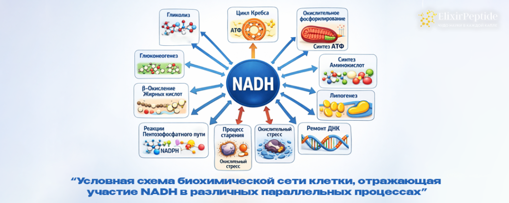 Условная схема биохимической сети клетки, отражающая участие NADH в различных параллельных процессах. .png