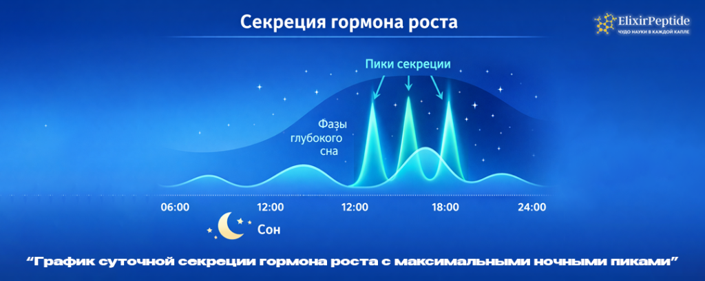 График суточной секреции гормона роста с максимальными ночными пиками.png