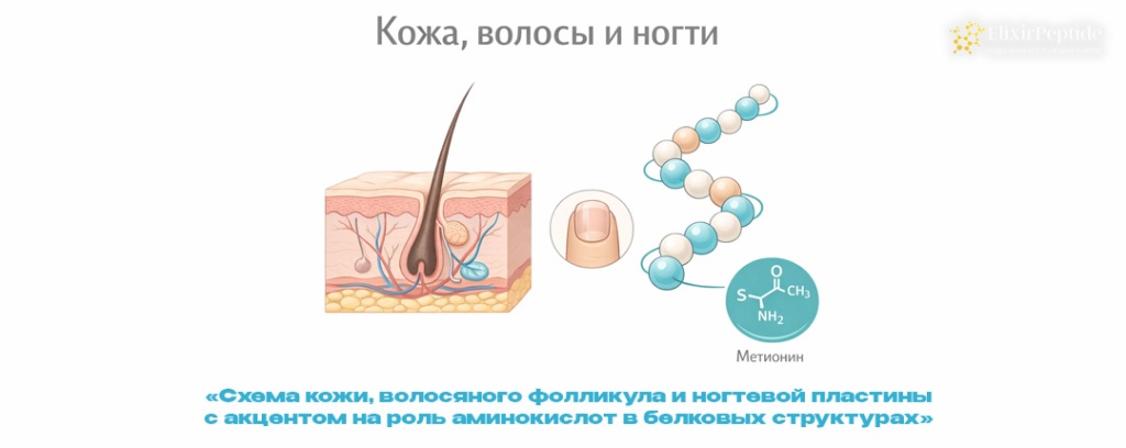 Схема кожи волосяного фолликула и ногтевой пластины с акцентом на роль аминокислот в белковых структурах .jpg