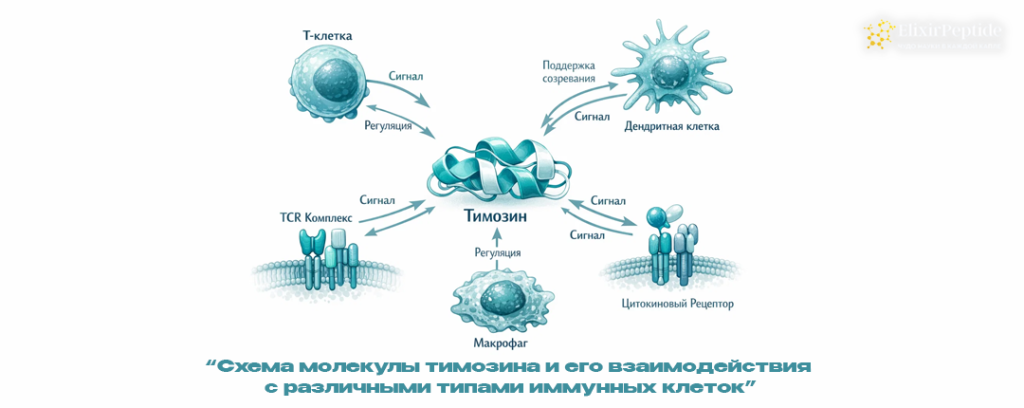 Схема молекулы тимозина и его взаимодействия с различными типами иммунных клеток.png