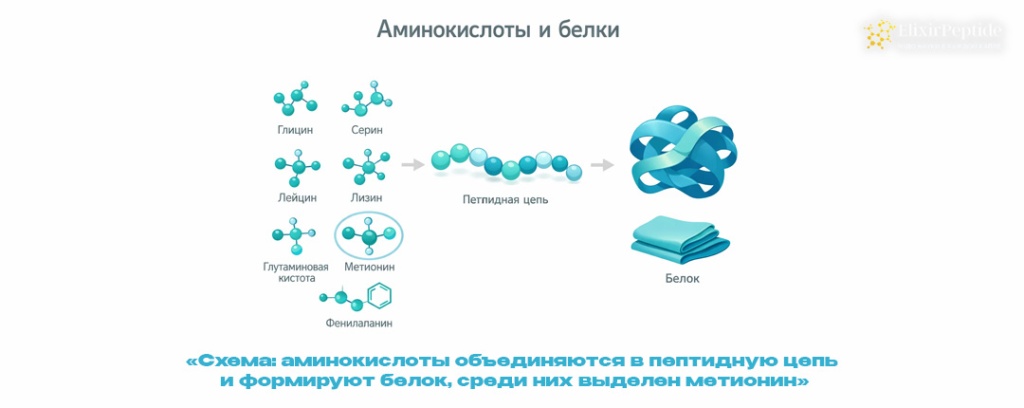 Схема- аминокислоты объединяются в пептидную цепь и формируют белок среди них выделен метионин .jpg