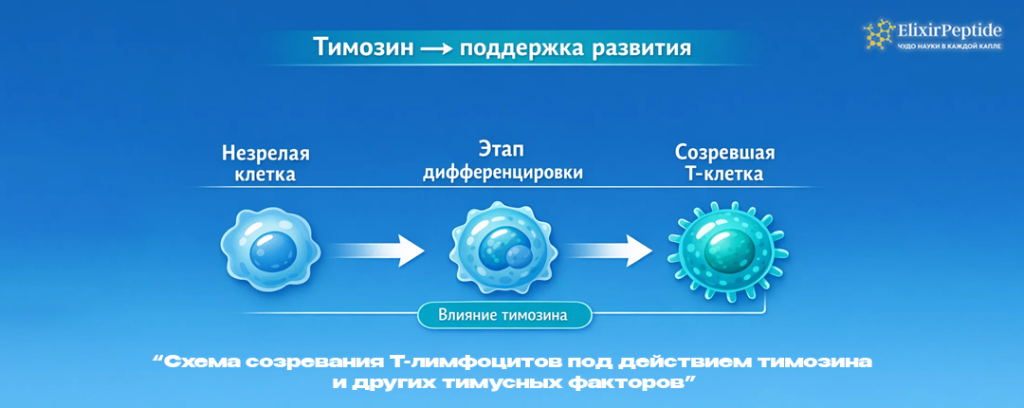 Схема созревания Т-лимфоцитов под действием тимозина и других тимусных факторов.png