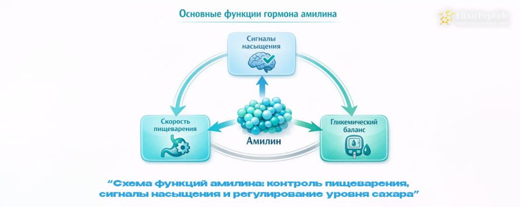 Схема функций амилина- контроль пищеварения сигналы насыщения и регулирование уровня сахара.png