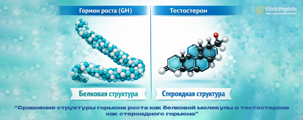Сравнение структуры гормона роста как белковой молекулы и тестостерона как стероидного гормона.png