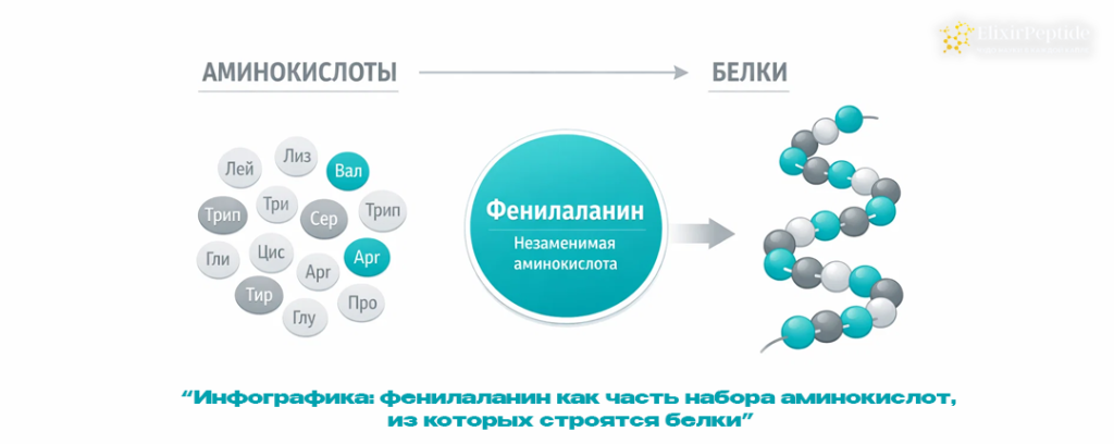 Инфографика- фенилаланин как часть набора аминокислот из которых строятся белки.png