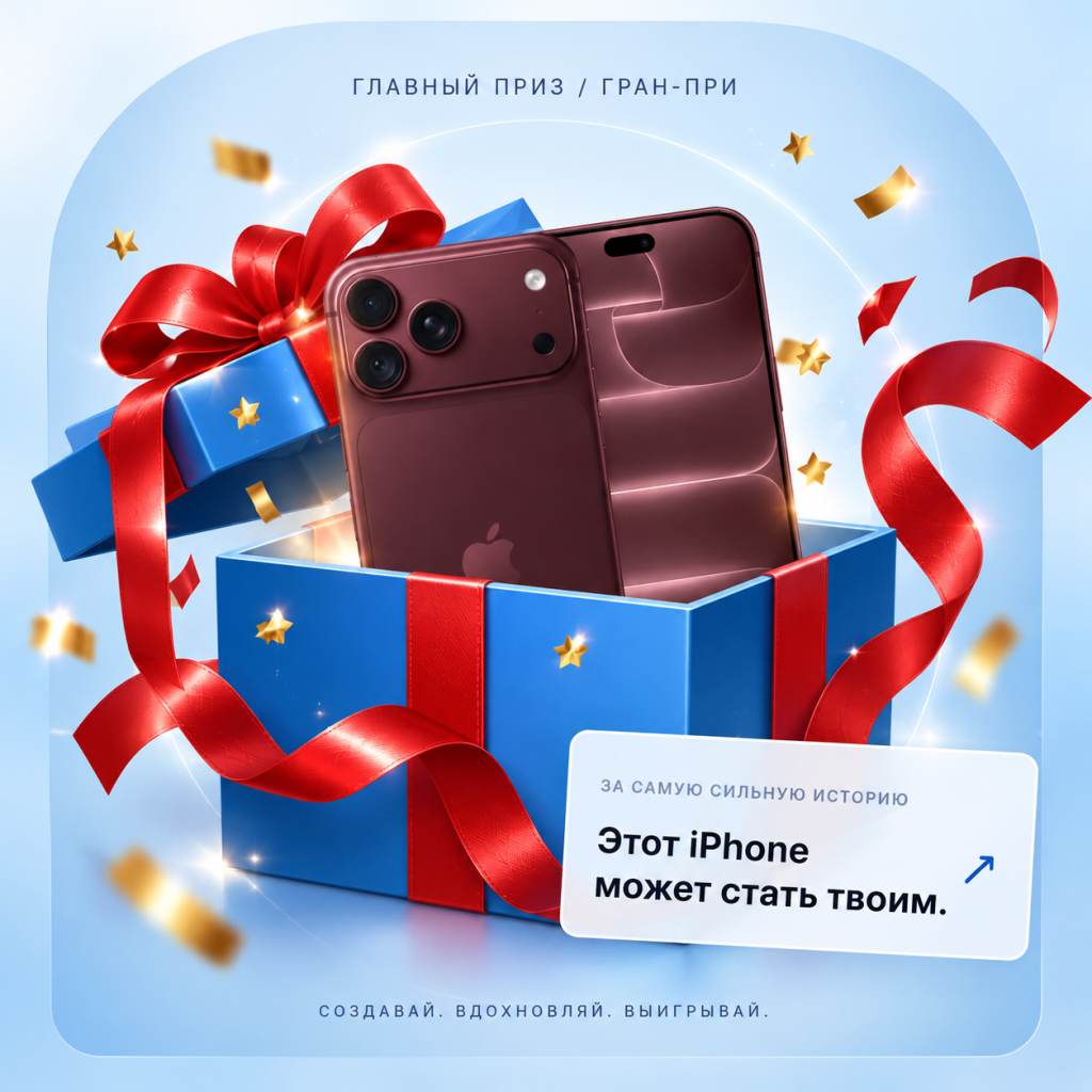 Главный приз — iPhone в синей подарочной коробке с красными лентами. Этот iPhone может стать твоим за самую сильную историю.