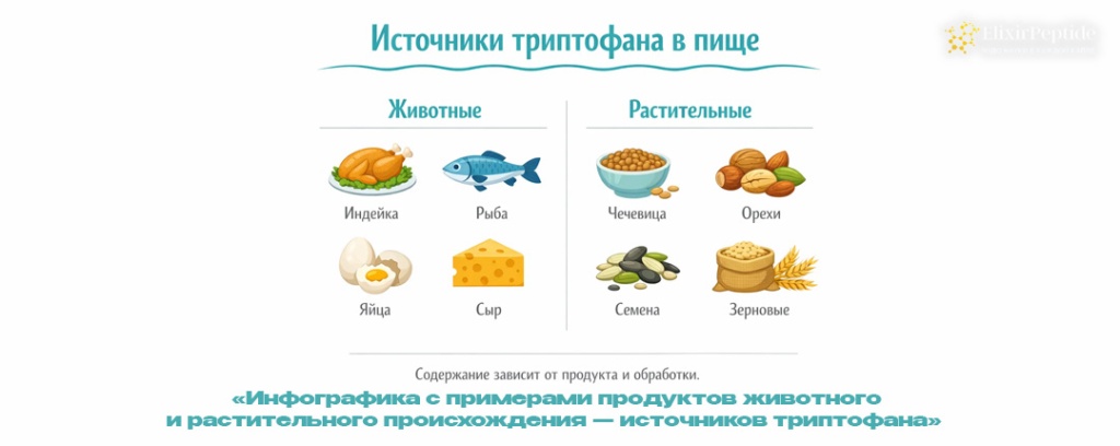 Инфографика с примерами продуктов животного и растительного происхождения источников триптофана.jpg
