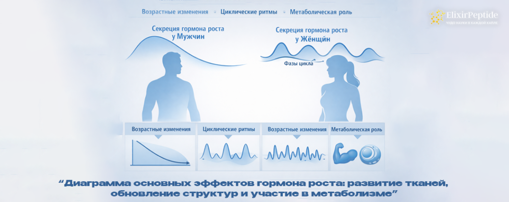 Диаграмма основных эффектов гормона роста- развитие тканей обновление структур и участие в метаболизме.png