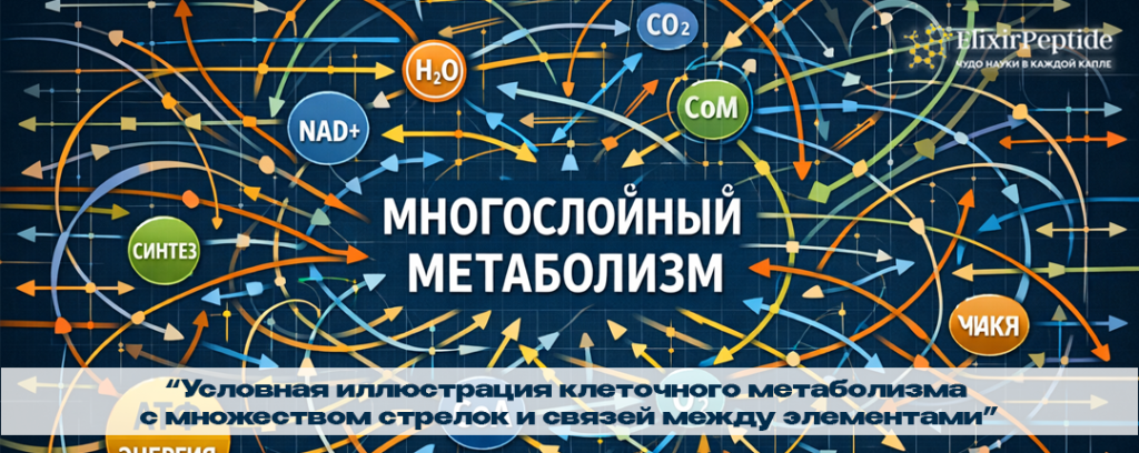 Условная иллюстрация клеточного метаболизма с множеством стрелок и связей между элементами.png