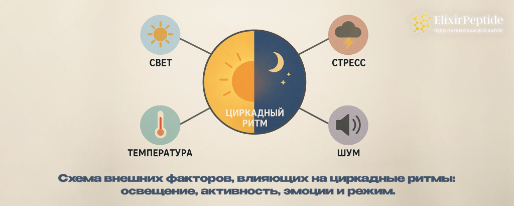 Схема внешних факторов влияющих на циркадные ритмы- освещение активность эмоции и режим. .png