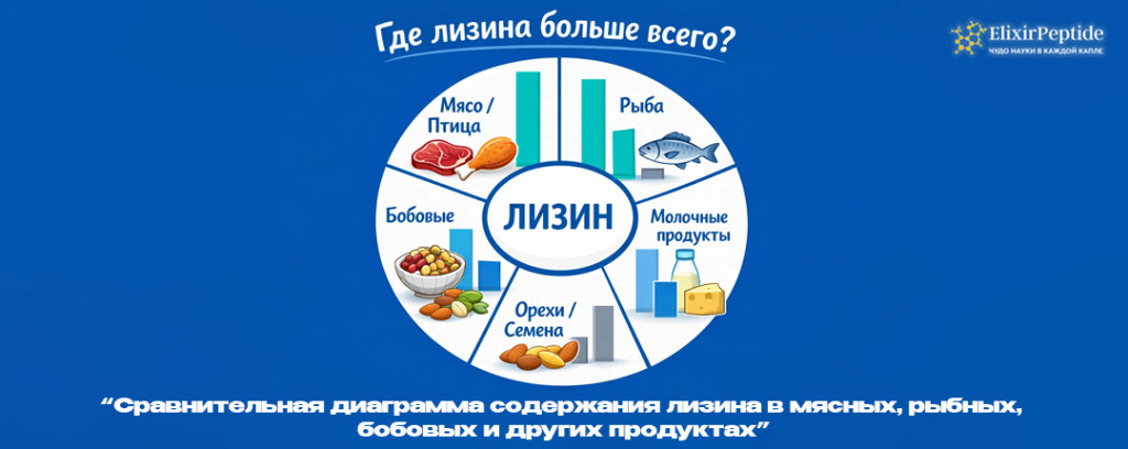 Сравнительная диаграмма содержания лизина в мясных рыбных бобовых и других продуктах.png