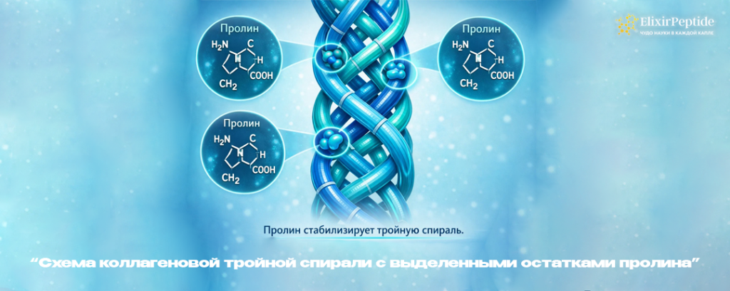 Схема коллагеновой тройной спирали с выделенными остатками пролина.png