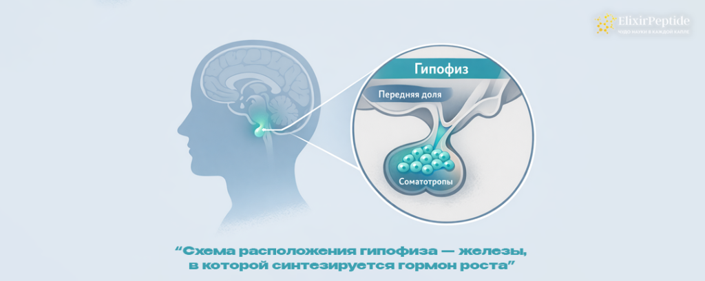 Схема расположения гипофиза железы в которой синтезируется гормон роста.png