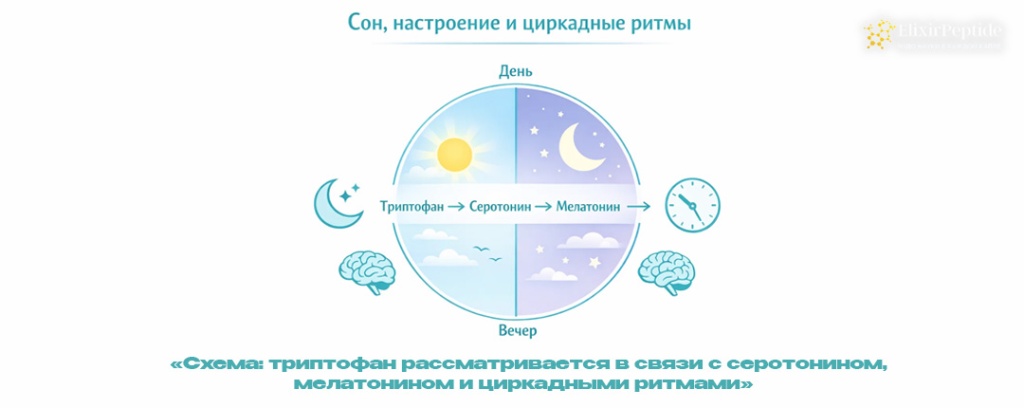 Схема- триптофан рассматривается в связи с серотонином мелатонином и циркадными ритмами .jpg
