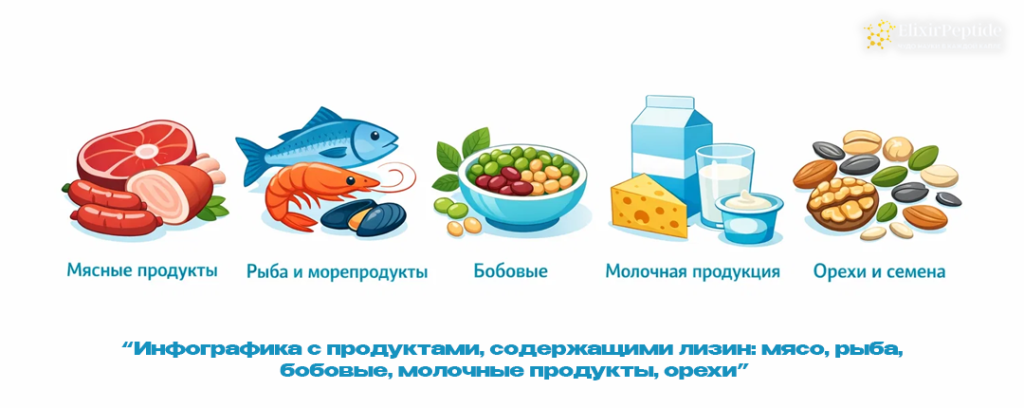 Инфографика с продуктами содержащими лизин- мясо рыба бобовые молочные продукты орехи.png