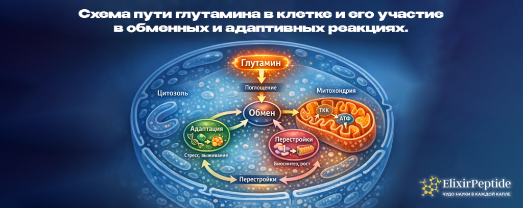 Схема пути глутамина в клетке и его участие в обменных и адаптивных реакциях. .png