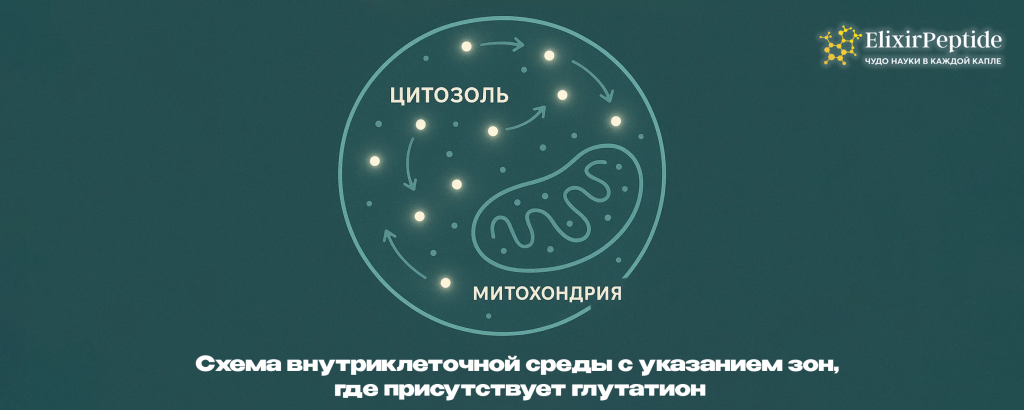 Схема внутриклеточной среды с указанием зон, где присутствует глутатион. .png