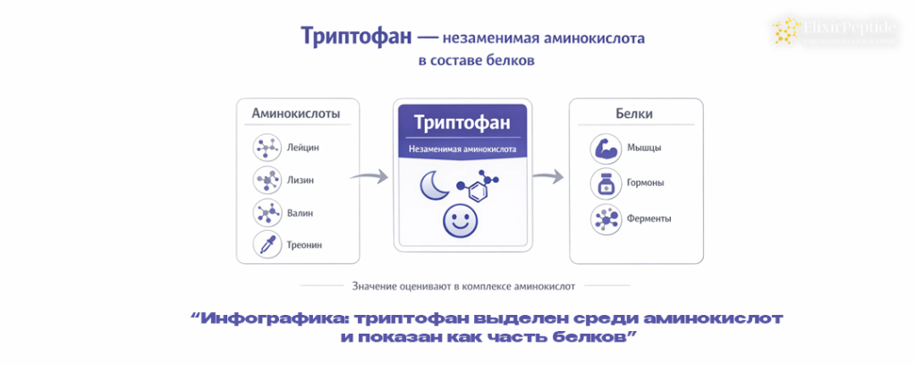 Инфографика- триптофан выделен среди аминокислот и показан как часть белков.png