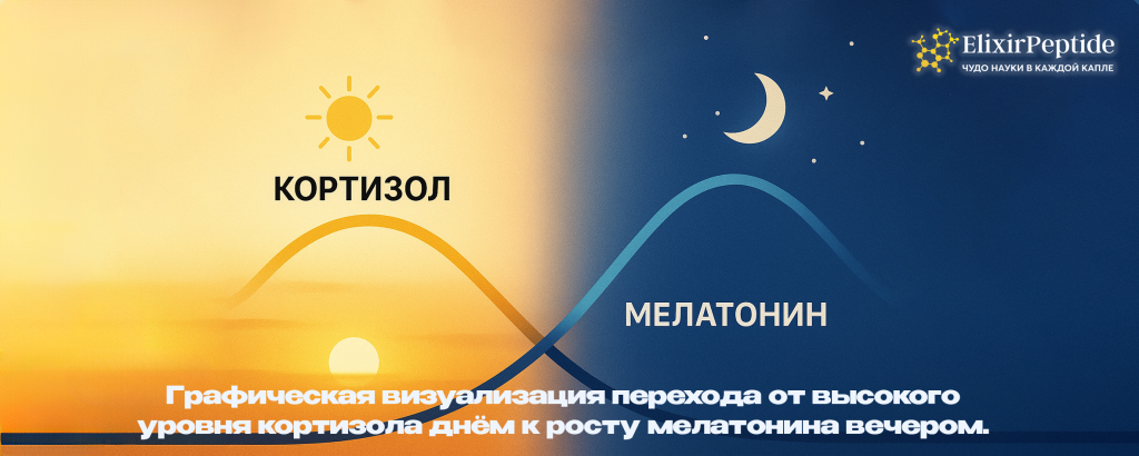 Графическая визуализация перехода от высокого уровня кортизола днём к росту мелатонина вечером..png